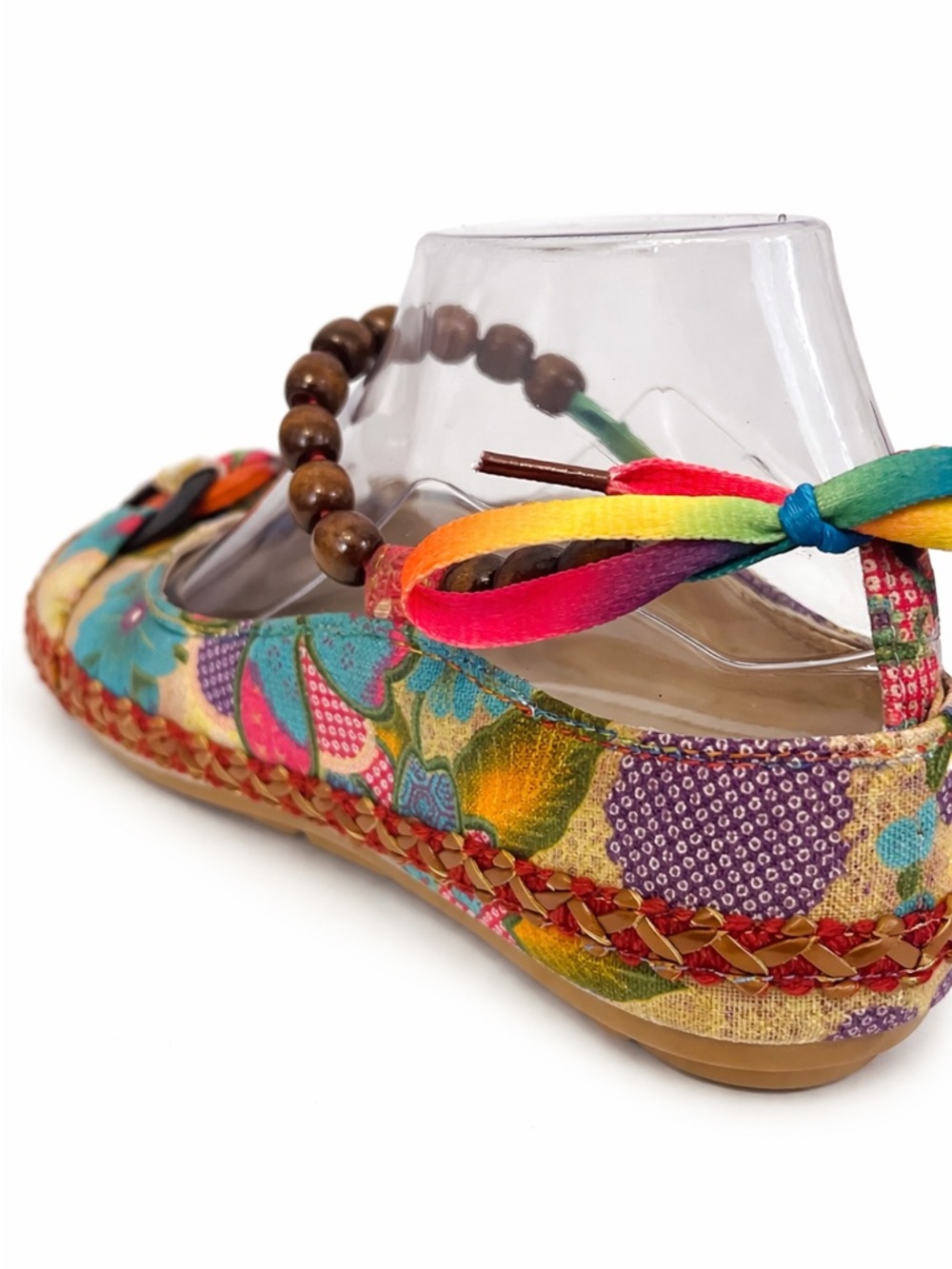 Colorful Floral Espadrille Sandals with Beaded Ankle Tie - Picture 2 of 6